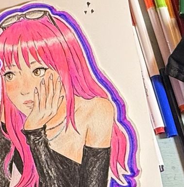 Coloured pencil portrait of a girl with long pink hair