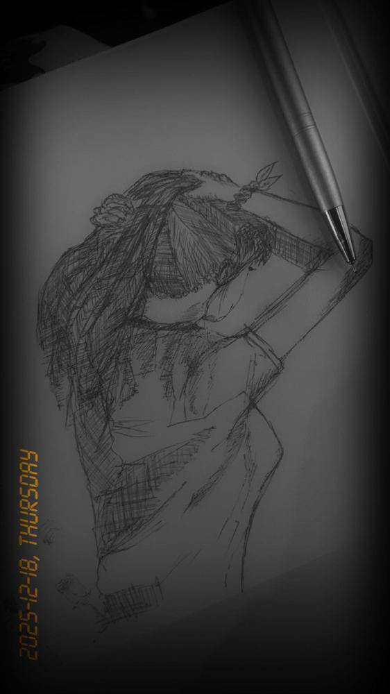 Ink cross-hatched sketch of a woman tying her hair